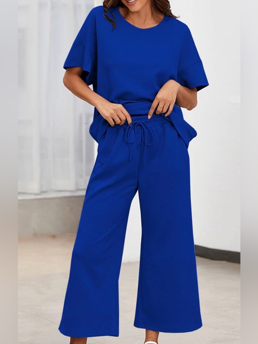 Women's Wide-Leg Drawstring Pants Set - Royal Blue